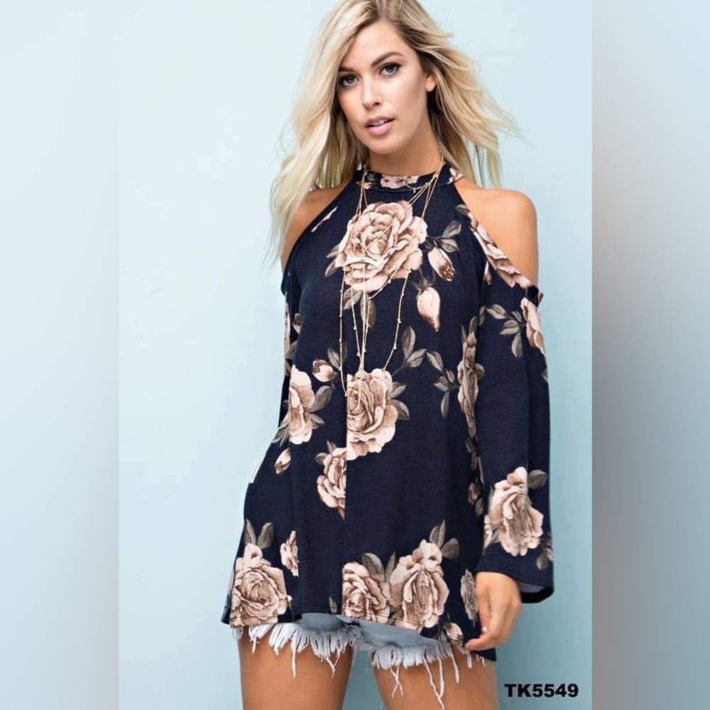 Navy Floral Cold Shoulder Top